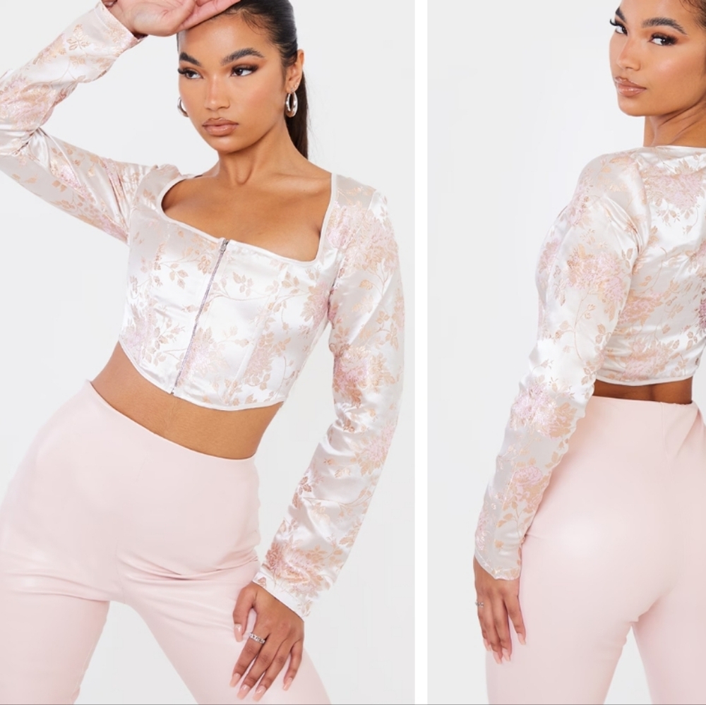 Light Pink Satin Print Zip Front Long Sleeve Corset